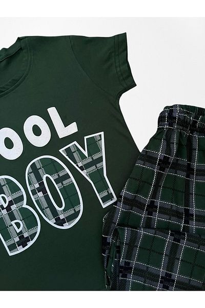 Pajama Shop Boy's 100% Cotton Green Color Cool Boy Patterned Bottom Plaid Pattern Short Sleeve Pajama Set