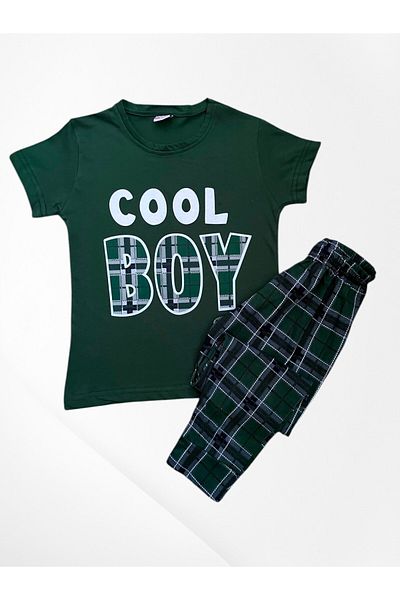 Pajama Shop Boy's 100% Cotton Green Color Cool Boy Patterned Bottom Plaid Pattern Short Sleeve Pajama Set