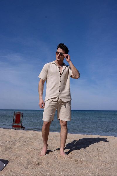 Pobudo Beige Color Men's Shirt Shorts Linen Suit