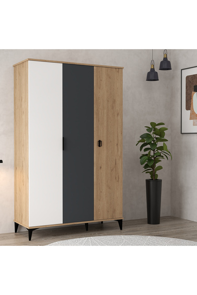 Evmo Home 6302 Neva 3 Kapılı 200 Cm Gizli Çekmeceli Gardırop , Elbise Dolabı , Genç Odası Antrasit Beyaz Sepet