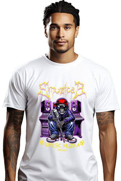 StoryGift Romania Tricou Barbati Muzica Dj Schelete Craniu Iubesc Muzica Cu Imprimeu Pe Fata, 100% Bumbac, Stg
