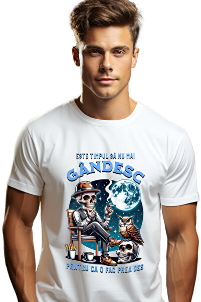 StoryGift Romania Tricou Barbati Schelete Imbracat In Costum Fumand, Luna Plina Cu Imprimeu Pe Fata, 100% Bu Stg