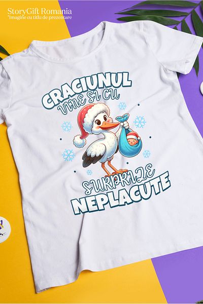StoryGift Romania Men's T-Shirt Christmas Comes With Unpleasant Surprises Stork With Baby With Print On Left Side