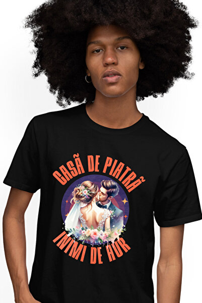 StoryGift Romania Tricou Barbati Casa De Piatra Si Inimi De Aur, Cuplu Indrag...