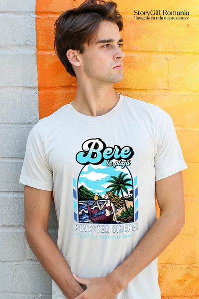 StoryGift Romania Tricou Barbati Bere La Plaja Sirena Cu Halba Haios Cu Imprimeu Pe Fata, 100% Bumbac, Alb, Stg