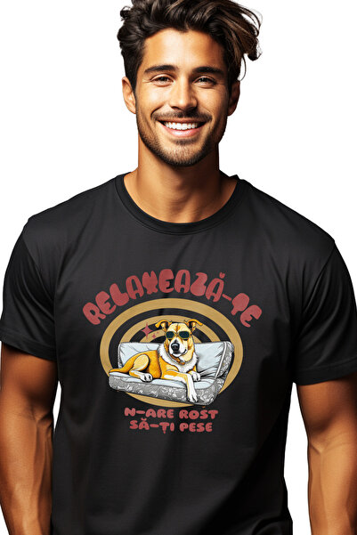 StoryGift Romania Tricou Barbati Caine Cu Ochelari, Relaxat Pe Canapea Cu Imp...