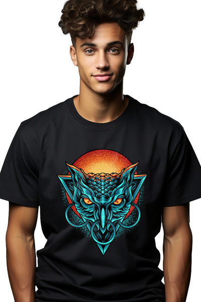 StoryGift Romania Tricou bărbătesc cu cap de bufniță, model geometric, inele,...