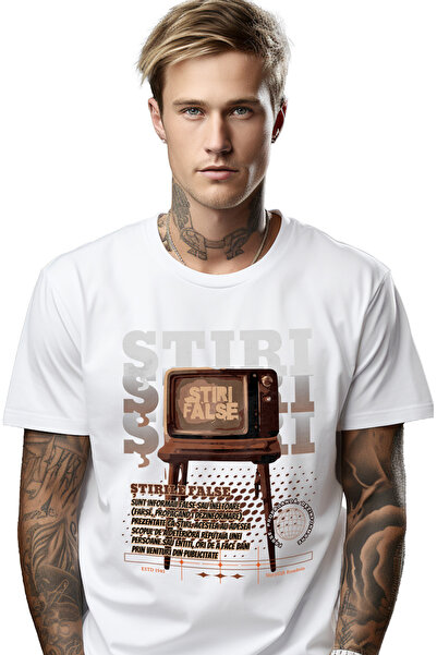 StoryGift Romania Tricou Barbati Televizor Vintige Stiri False Digitalizare Cu Imprimeu Pe Fata, 100% Bumbac Stg