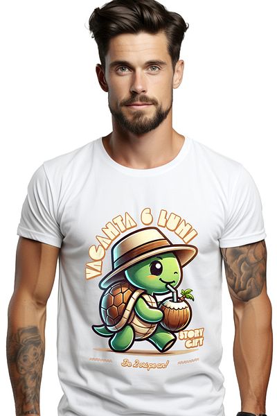 StoryGift Romania Tricou Barbati Testoasa Gata De Vacanta De 6 Luni De Doua Ori Pe An Cu Imprimeu Pe Fata, Stg