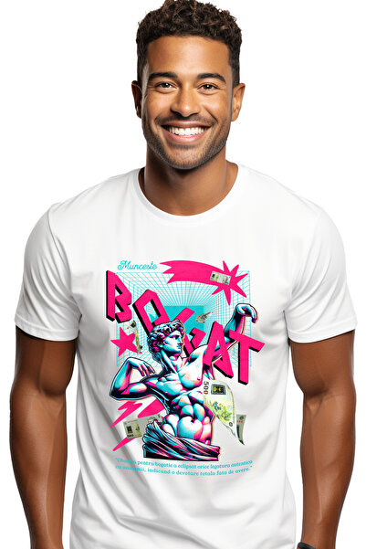 StoryGift Romania Tricou Barbati Bogat - Statuie Si Bani Romanesti Zburand Cu...