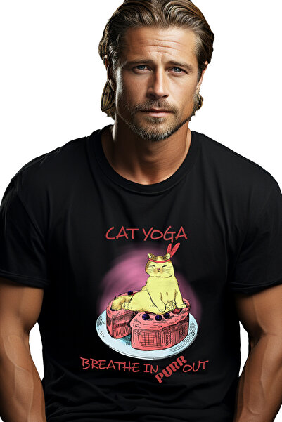 StoryGift Romania Tricou Barbati Cu Pisica Pe Un Tort Cu Mesajul "cat Yoga, B...