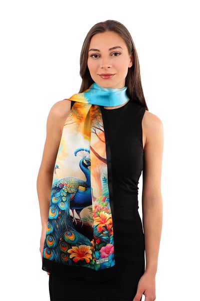 Bursa İpek Yellow Peacock Pattern Silk Scarf
