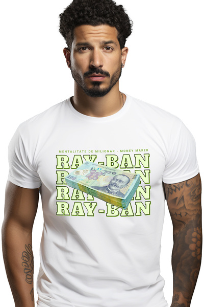 StoryGift Romania Tricou Barbati Ray-ban - 100 Lei Romanesti Cu Imprimeu Pe F...