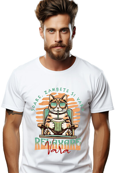 StoryGift Romania Tricou Barbati Pisica Pe Sezlong Cu Un Cocktail - Soare Zam...