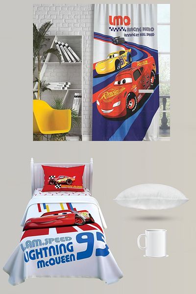 Taç Cars Pike Set + Cars Background Curtain + Pillow + Mug Cup Gift Total 6 Pieces