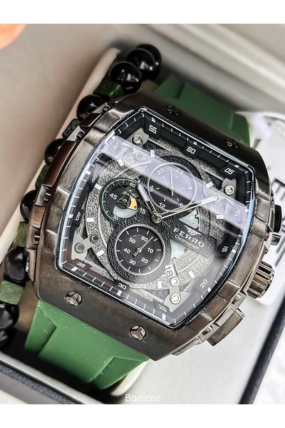 FERRO Sport Men's Watch, Active Functions, Green Silicone, with Calendar, Bracelet Gift