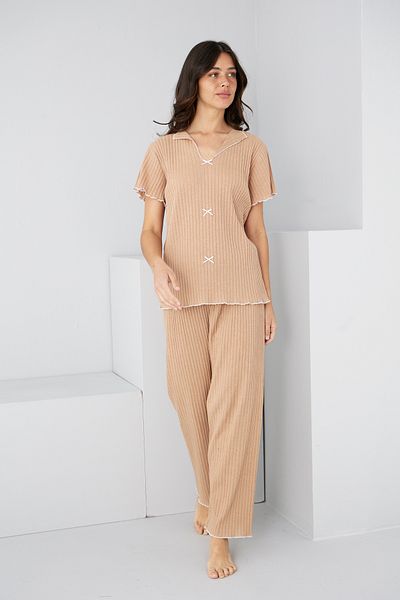 Siyah İnci Milk Coffee Seasonal Thin Bow Pajama Suit7879
