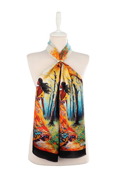 Bursa İpek Orange Forest Pattern Silk Scarf