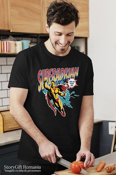 StoryGift Romania Men's T-Shirt Super Adrian, Superhero I'm Here For You With Print On The Front, 100% Bum Stg