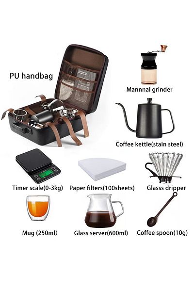 ET-LIFE Hand Coffee Gift Set - Outdoor Camping Portable Kit Maker With Manual Grinder,Timer Scale,Travel Bag