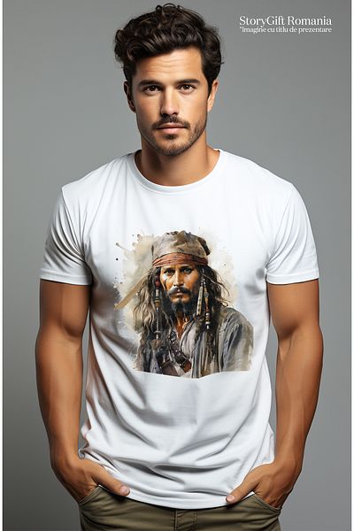 StoryGift Romania Tricou Barbati Cu Jack Sparrow, Piratii Din Caraibe, Pirat, Esarfa, Barba, Filme, cu impr STG
