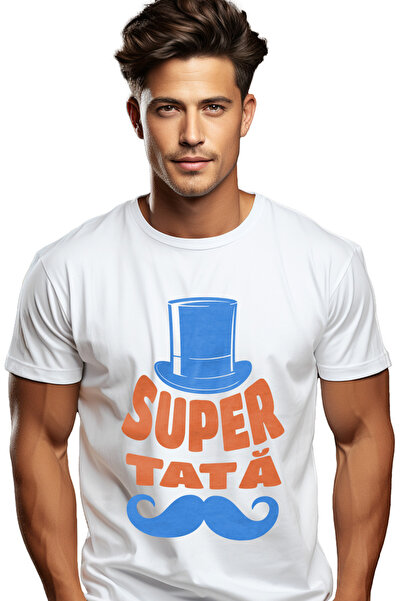 StoryGift Romania Tricou Barbati Super Tata, Palarie Inalta Si Mustata, Famil...