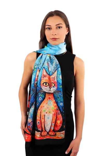 Bursa İpek Orange Cat Pattern Silk Scarf