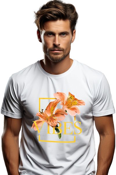 StoryGift Romania Men's T-Shirt With Tropical Flowers Pink Orange, Text In English Spring Vibes, Spring, Stg
