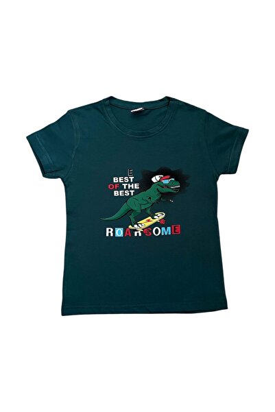 Pajama Shop Boy's 100% Cotton Green Color Dinosaur Patterned Six Plaid Pattern Short Sleeve Pajama Set