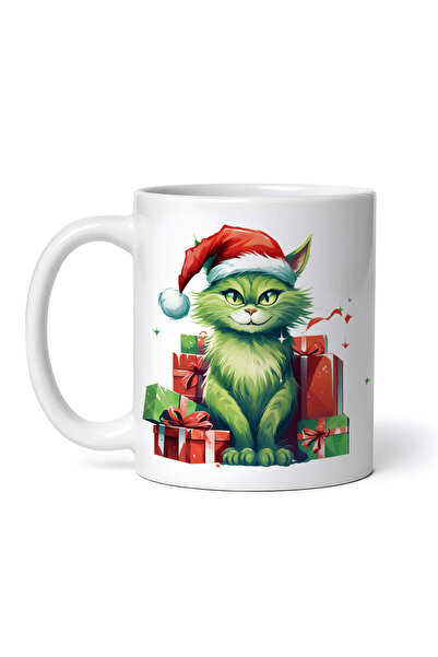 OEM Cană albă personalizată, Pisica Grinch fericită cu cadouri, INOVATIX®. 330ml