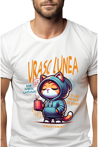 StoryGift Romania Tricou Barbati Pisica Cu Hanorac Si Cana De Cafea Text Haio...
