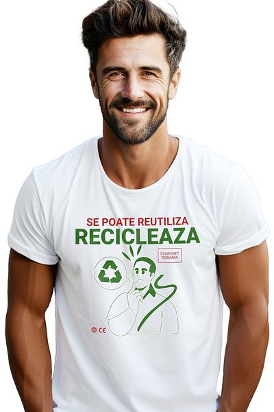 StoryGift Romania Tricou Barbati Se Poate Reutiliza Reciclare Poluare Plastic Cu Imprimeu Pe Fata, 100% Bumb Stg