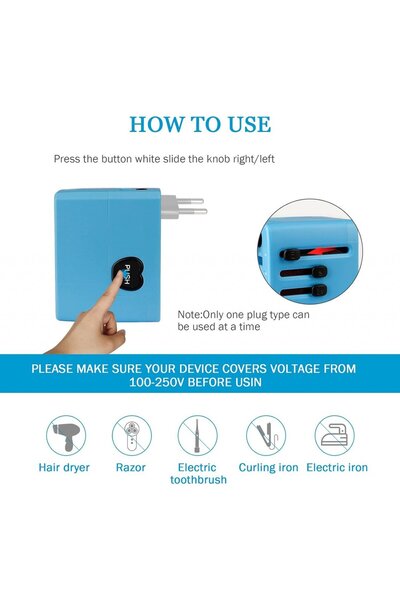 Flavery travel adapter, blue, 6.2 x 4.8 x 4.5 cm