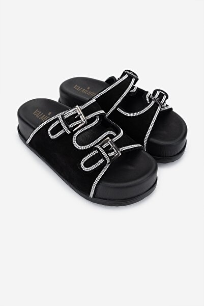 Valmenti Papuci plati de dama din piele naturala din piele intoarsa neagra