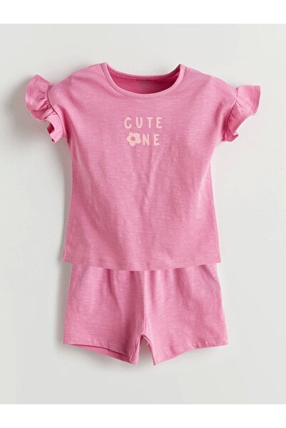 LC Waikiki Lcw Baby Pink Crew Neck Baby Girl Pajama Set with Shorts