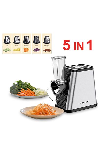 SOKANY Electric Cheese Grater, 800W Electric Slicer Chopper, Multi Grater with 5 Blades Set SK-06029 Black