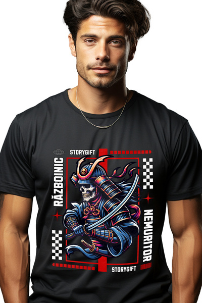 StoryGift Romania Tricou Barbati Schelete Cu Armura De Samurairăzboinic Nemuritor Cu Imprimeu Pe Fata, 100% Stg