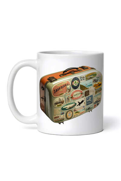 OEM Cană albă personalizată, Valiză vintage decorată cu ștampile, INOVATIX®. 330ml