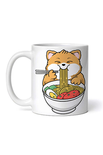 OEM Cană albă personalizată, pisică flămândă mâncând ramen, INOVATIX®. 330ml