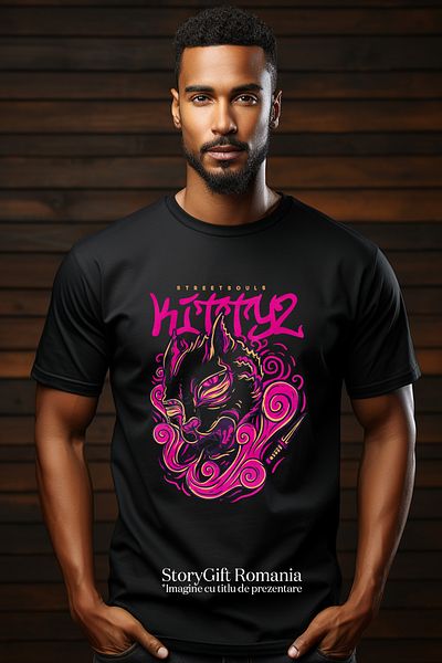 StoryGift Romania Tricou Barbati Cu Pisica Suparata Roz, Text In Engleza Kittyz, Cutit Ascutit, Pisici Si Mo