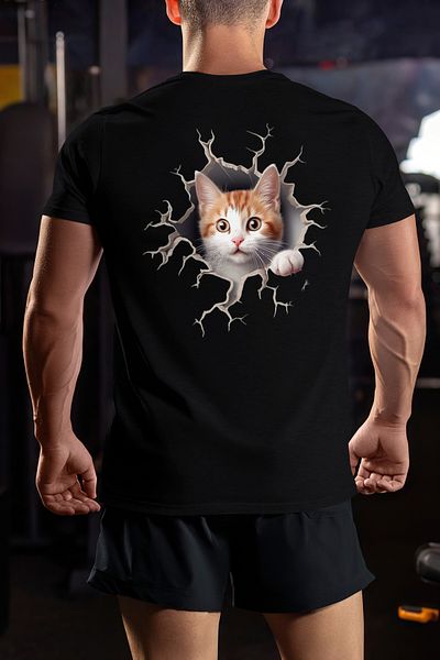 StoryGift Romania Men's T-Shirt With Orange And White Cat Coming Out Of The Wall, Adorable, Animals, Sweetheart Stg