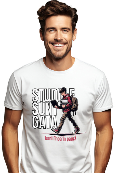StoryGift Romania Tricou Barbati Baiat Cu Laptop Studiile Sunt Gata Banii Inca In Pauza Cu Imprimeu Pe Fata, Stg
