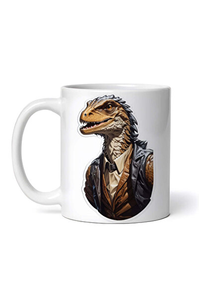 OEM Cană albă personalizată, Velociraptor cu jachetă, INOVATIX®. 330ml