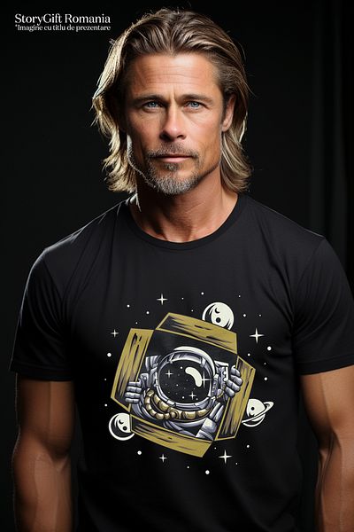 StoryGift Romania Tricou Barbati Cu Astronaut, Cutie, Spatiu, Stele, Planeta, Luna, Sf, Cu Imprimeu Pe Fata Stg