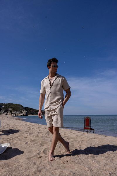 Pobudo Beige Color Men's Shirt Shorts Linen Suit