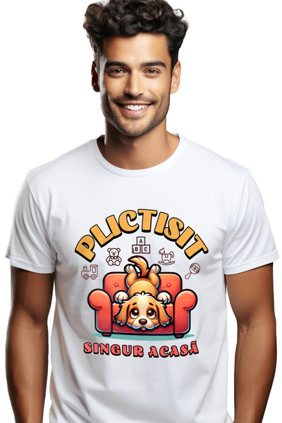 StoryGift Romania Tricou Barbati Plictisit. Singur Acasa Caine Pe Fotoliu Tri...