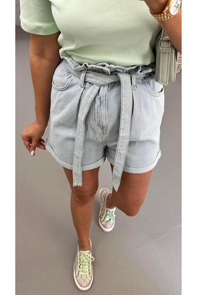 Sezgi Tekin Premium Series Waist Elastic Ice Blue Denim Shorts