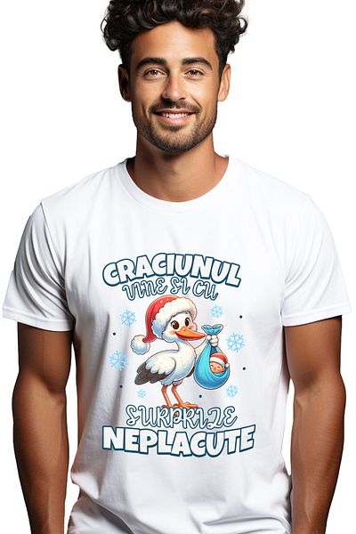StoryGift Romania Men's T-Shirt Christmas Comes With Unpleasant Surprises Stork With Baby With Print On Left Side