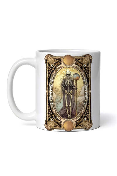 OEM Cană albă personalizată, schelet de tarot de Halloween cu sceptrul pământului, INOVATIX®. 330ml