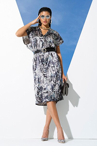 FOR YOU MODA V-Neck Snake Pattern Belted Green Satin Dressing Gown Dress